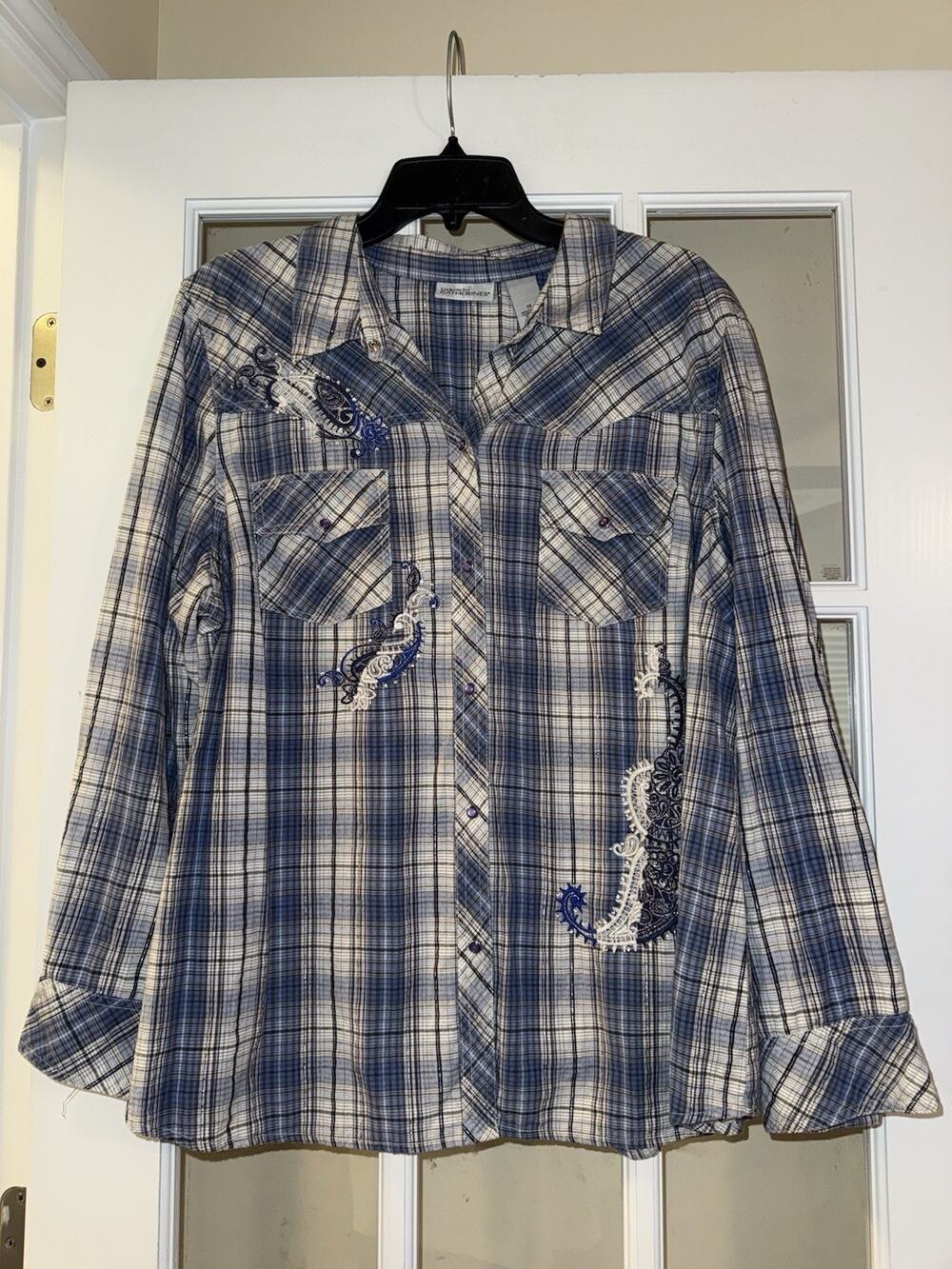 Liz Me CATHERINES Western Shirt Womens Plus Size 1X Pearl Snap Plaid Embroidered